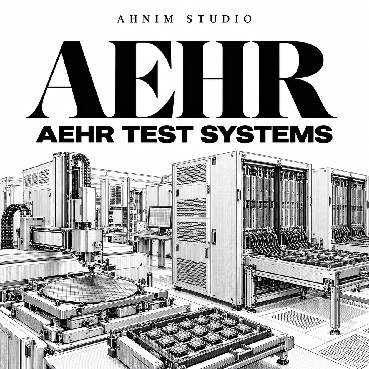 Conceptual black-and-white editorial illustration of semiconductor wafer handling and burn-in test equipment for Aehr Test Systems; not a photograph of an actual facility.