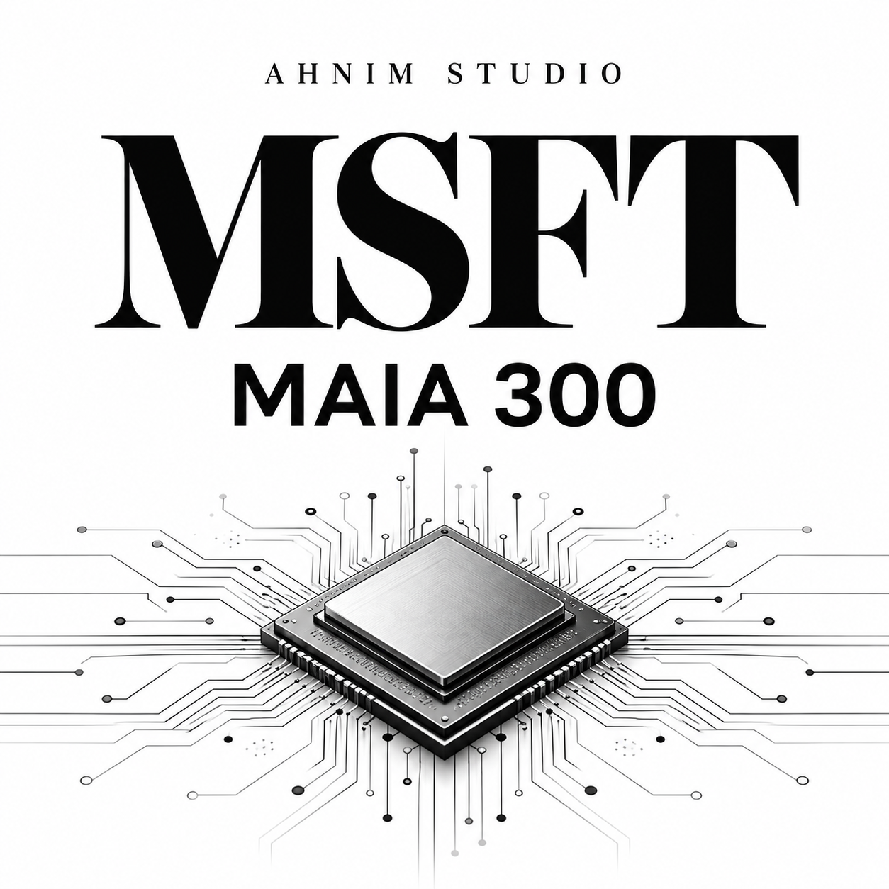 AHNIM STUDIO news illustration with MSFT and Maia 300 text above an abstract AI chip and circuit lines.