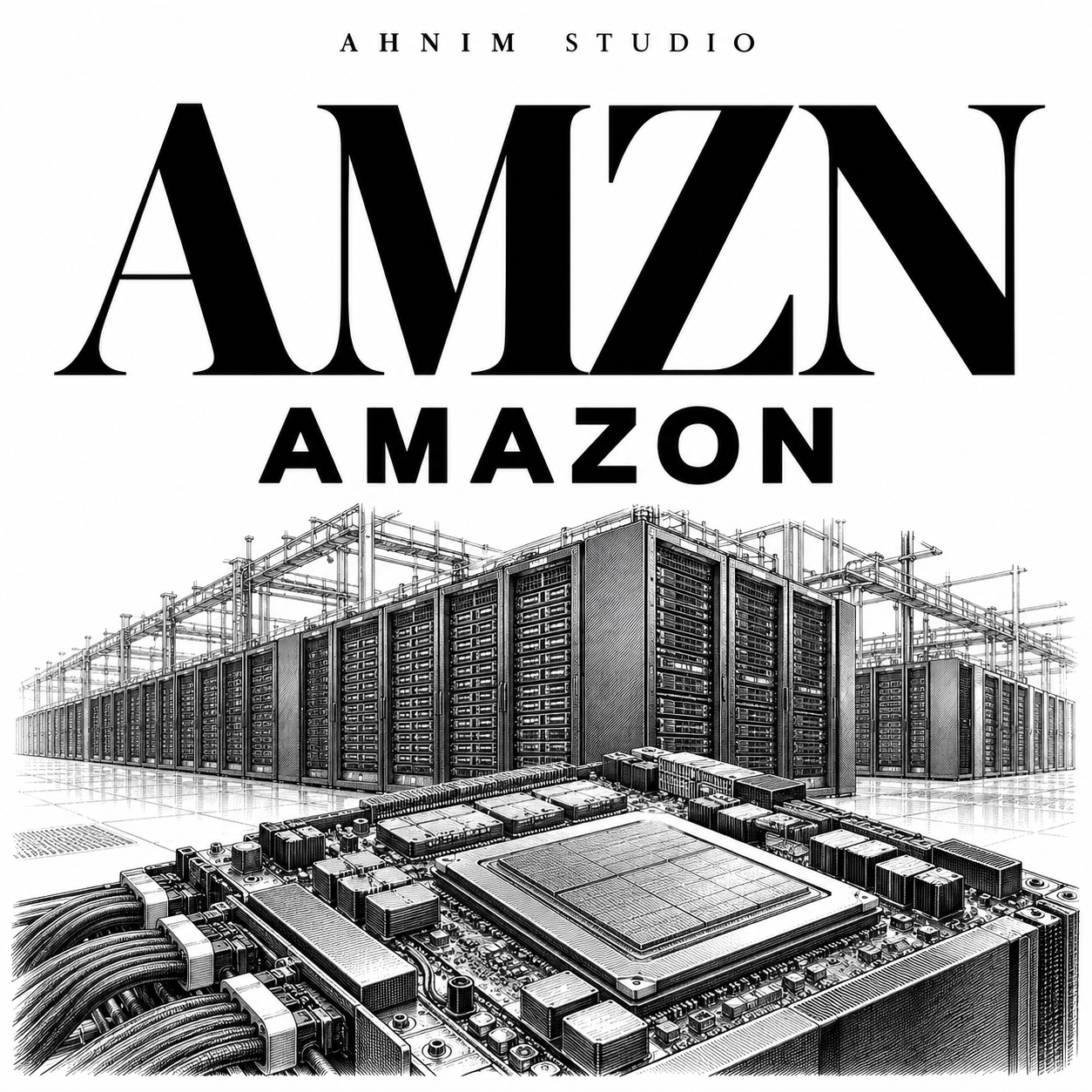 AI-generated editorial illustration of server racks and an accelerator board in black-and-white engraving style, with AHNIM STUDIO, AMZN and AMAZON typography; not an actual AWS facility photograph.