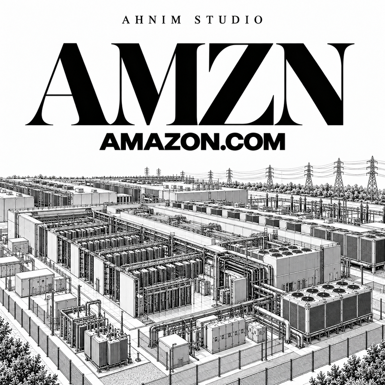 Editorial illustration of an Amazon-scale data center, server halls, cooling systems, transformers and power lines beneath AMZN typography