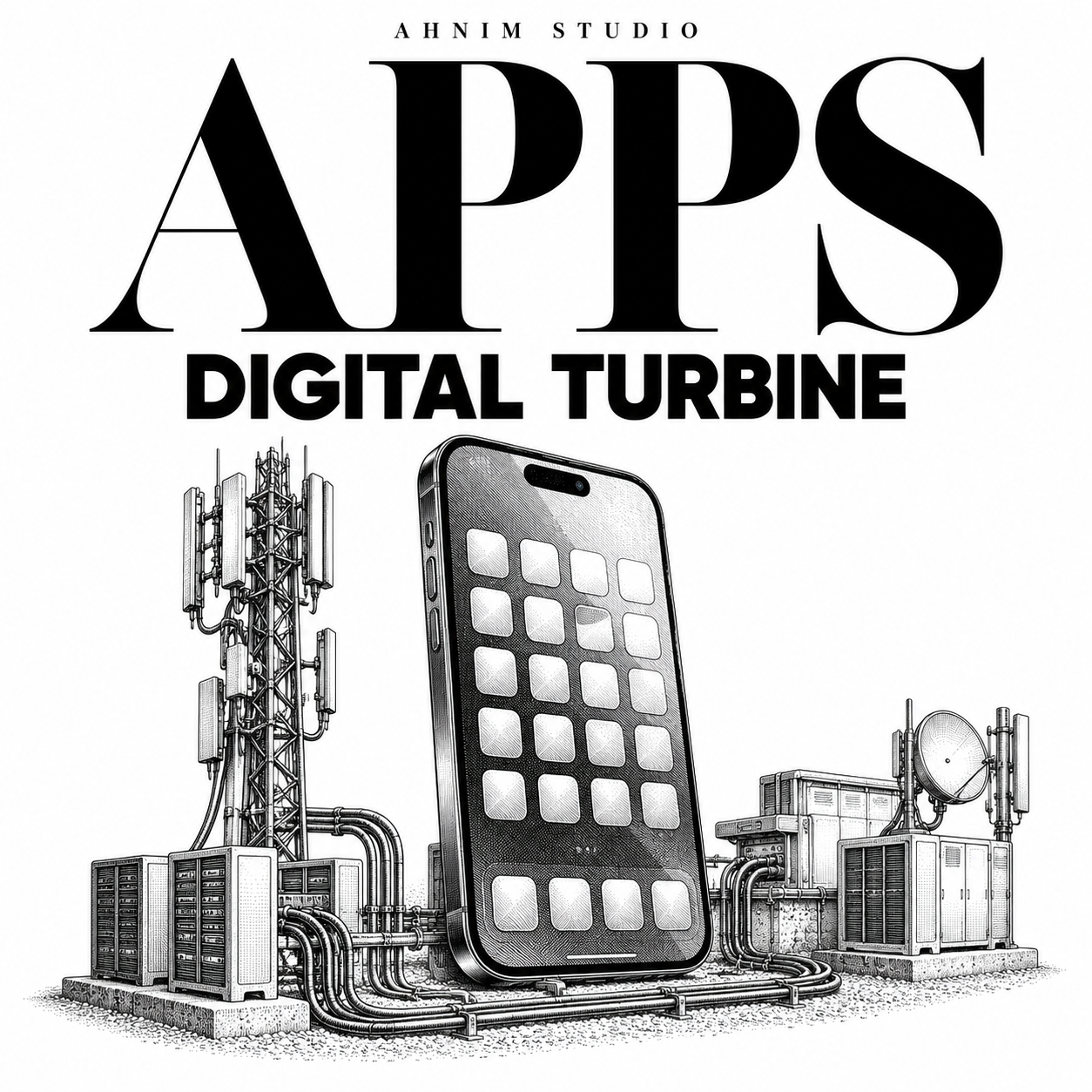 Black-and-white editorial illustration of a smartphone and mobile network equipment, representing Digital Turbine's app distribution business; not a photograph.