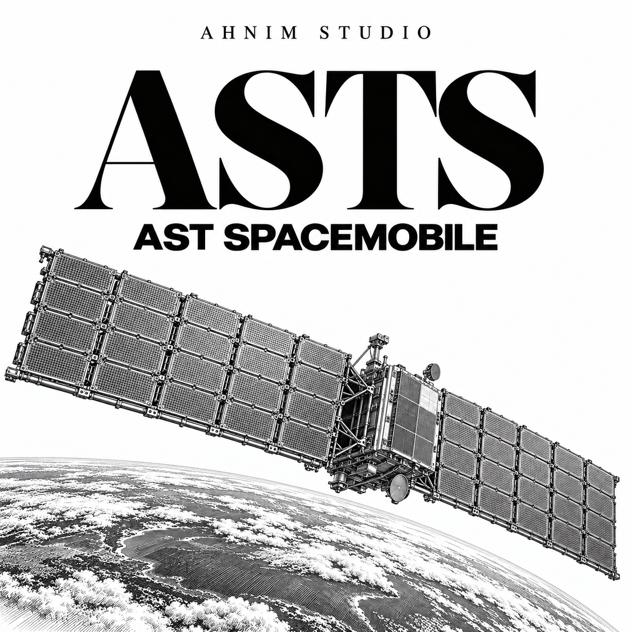 AHNIM STUDIO AST SpaceMobile cover with black typography and a conceptual engraved communications satellite above Earth.