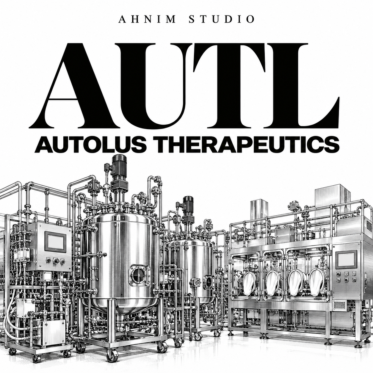 Editorial illustration of cell-therapy manufacturing equipment beneath AUTL and Autolus Therapeutics typography; not a photograph of an actual facility.