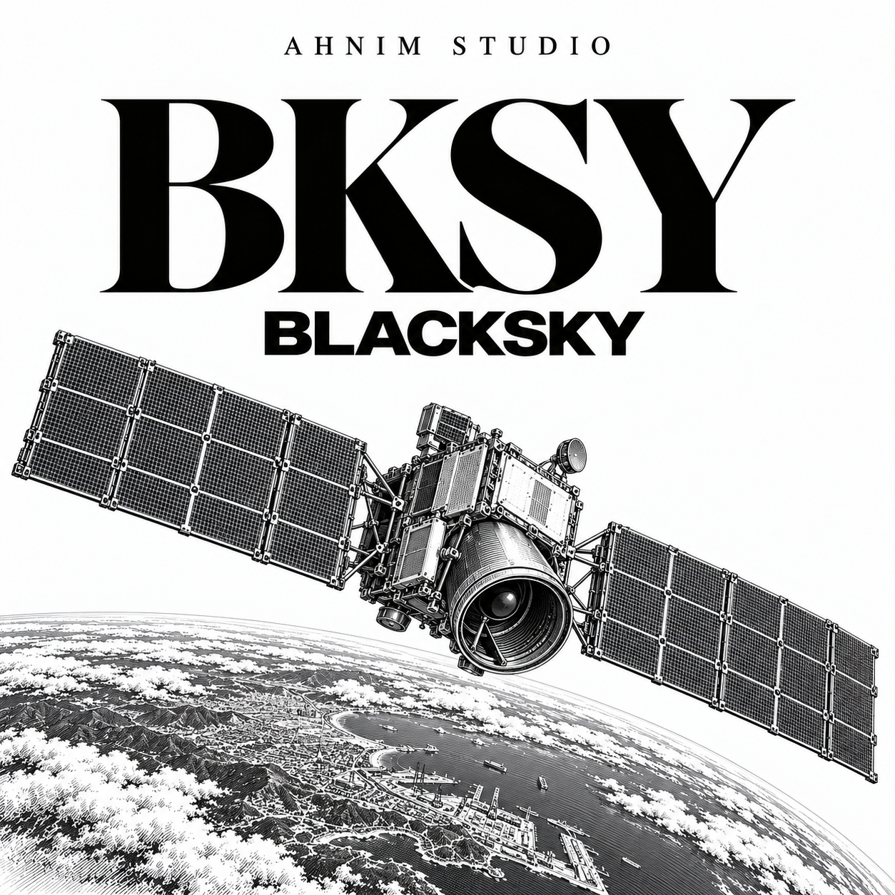Black-and-white editorial concept illustration of an Earth-observation satellite, with AHNIM STUDIO, BKSY and BLACKSKY typography; not a photograph or technical depiction.
