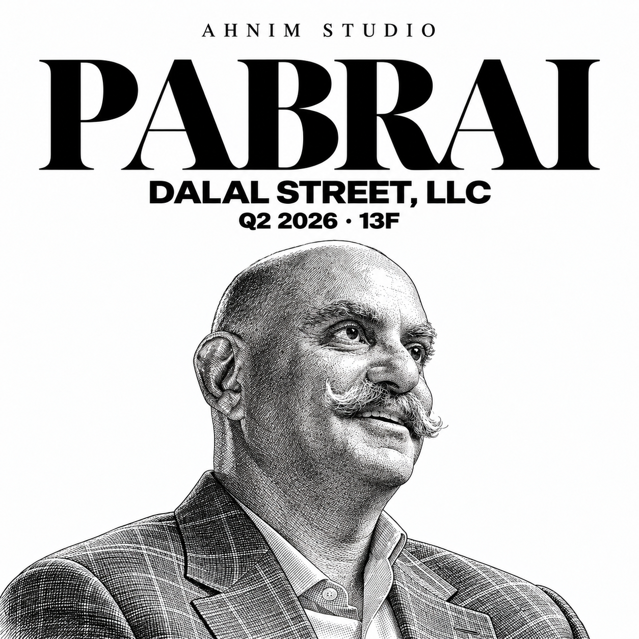 Black-and-white editorial illustration of Mohnish Pabrai for Dalal Street, LLC Q2 2026 13F research.