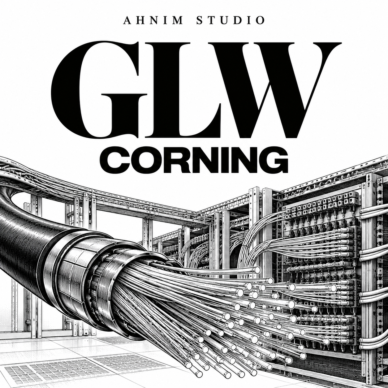 Editorial illustration of optical fiber connections in a data center beneath GLW typography; not an actual facility photograph.