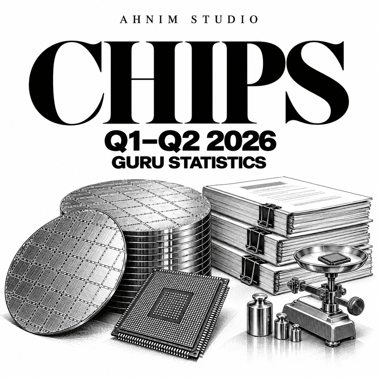 Black-and-white editorial illustration of semiconductor wafers, a microchip, financial filings and a precision balance; not a photograph or a data chart.