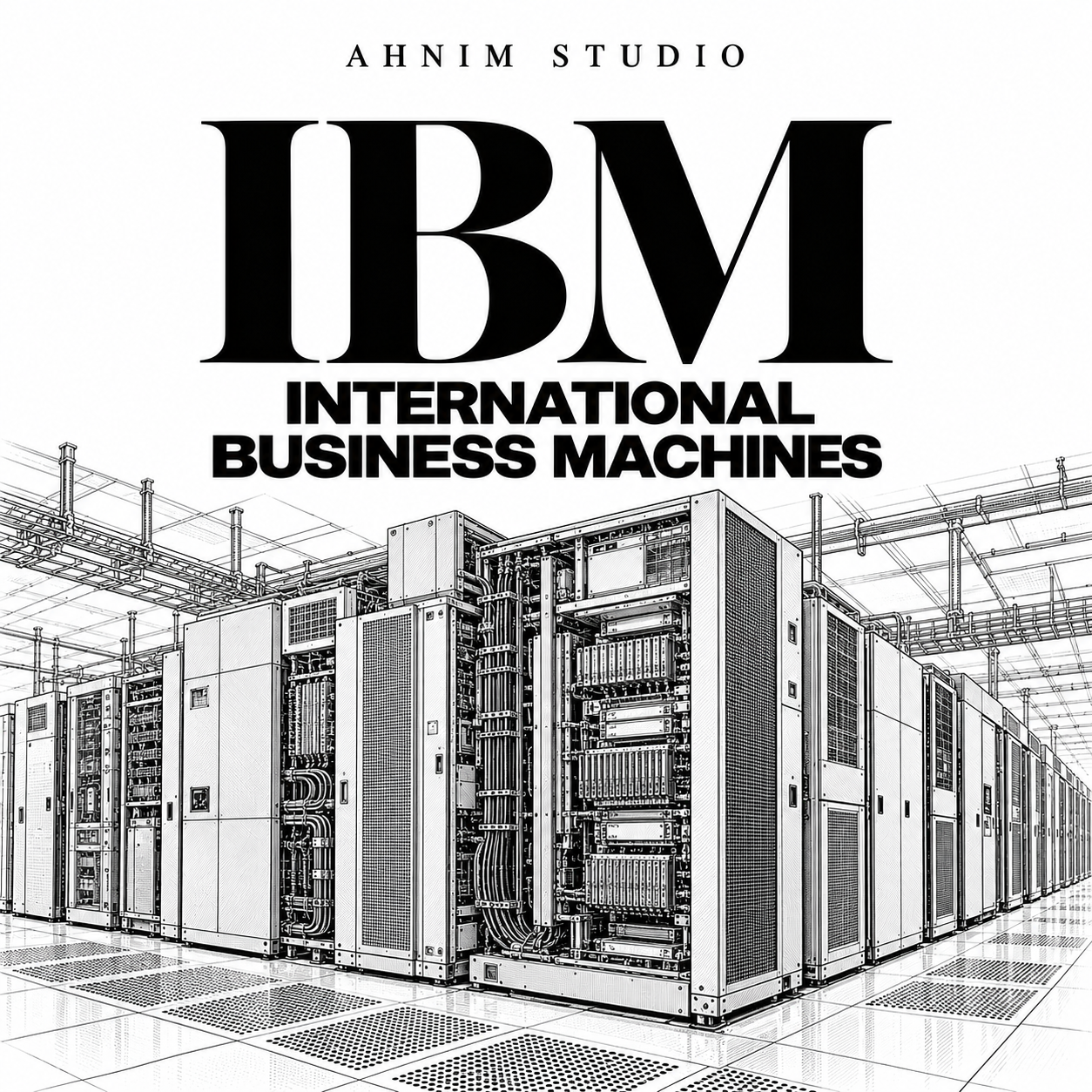 Conceptual editorial illustration of enterprise mainframe server cabinets beneath IBM typography; not a photograph of an actual IBM facility.