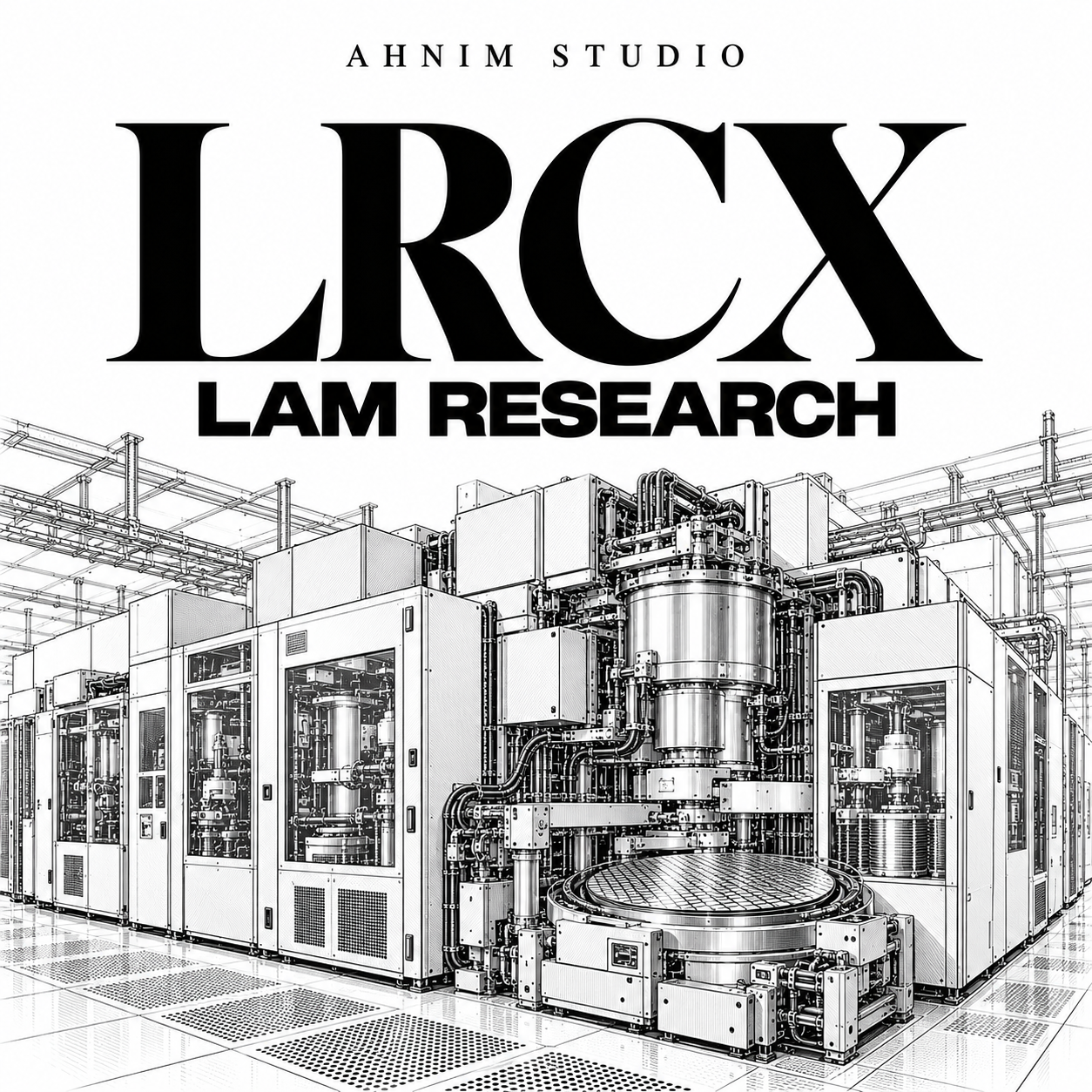 Conceptual editorial illustration of semiconductor fabrication equipment beneath LRCX and Lam Research typography; not a photograph of an actual facility.