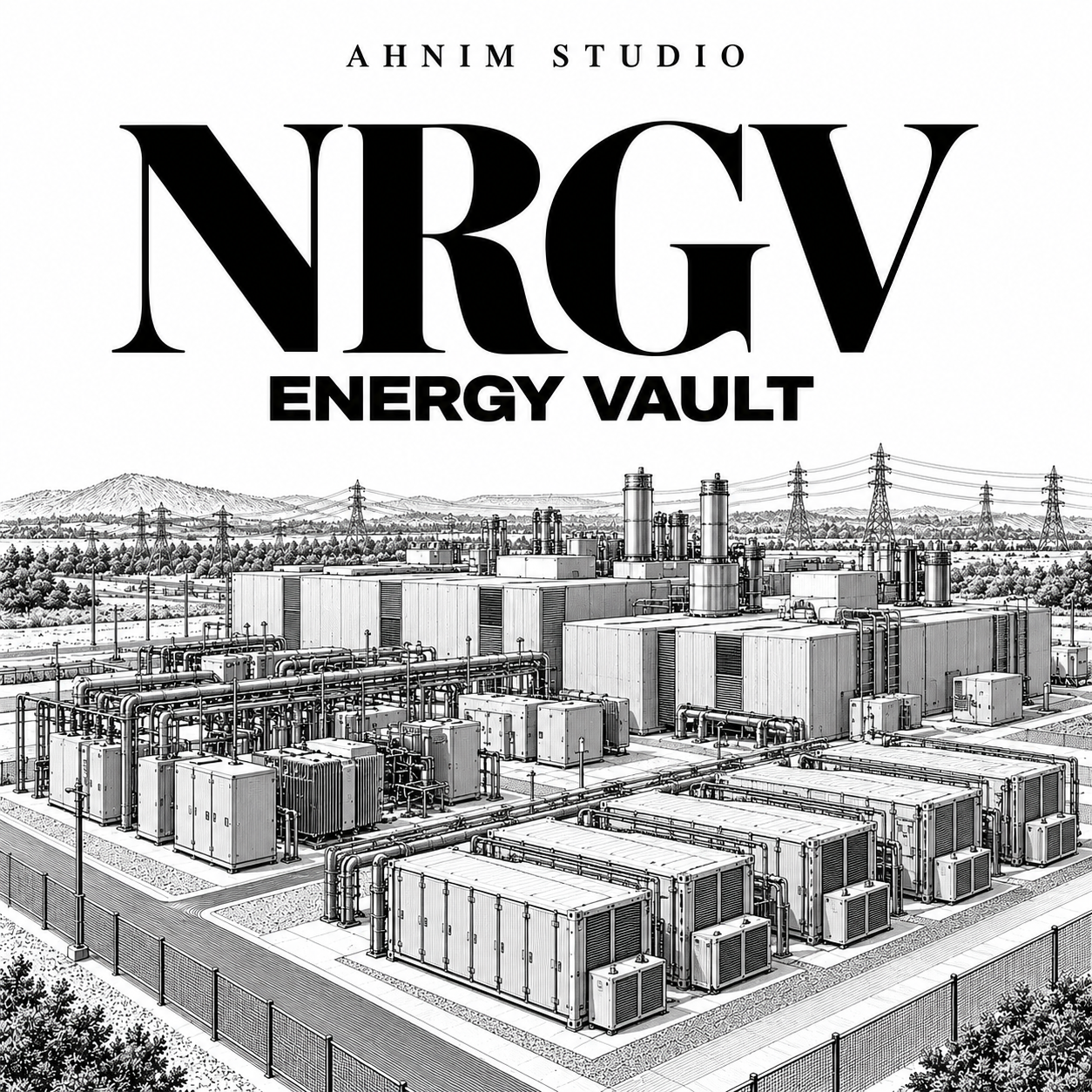 Editorial illustration of battery storage, generation equipment and grid infrastructure; not a photograph of an Energy Vault facility.