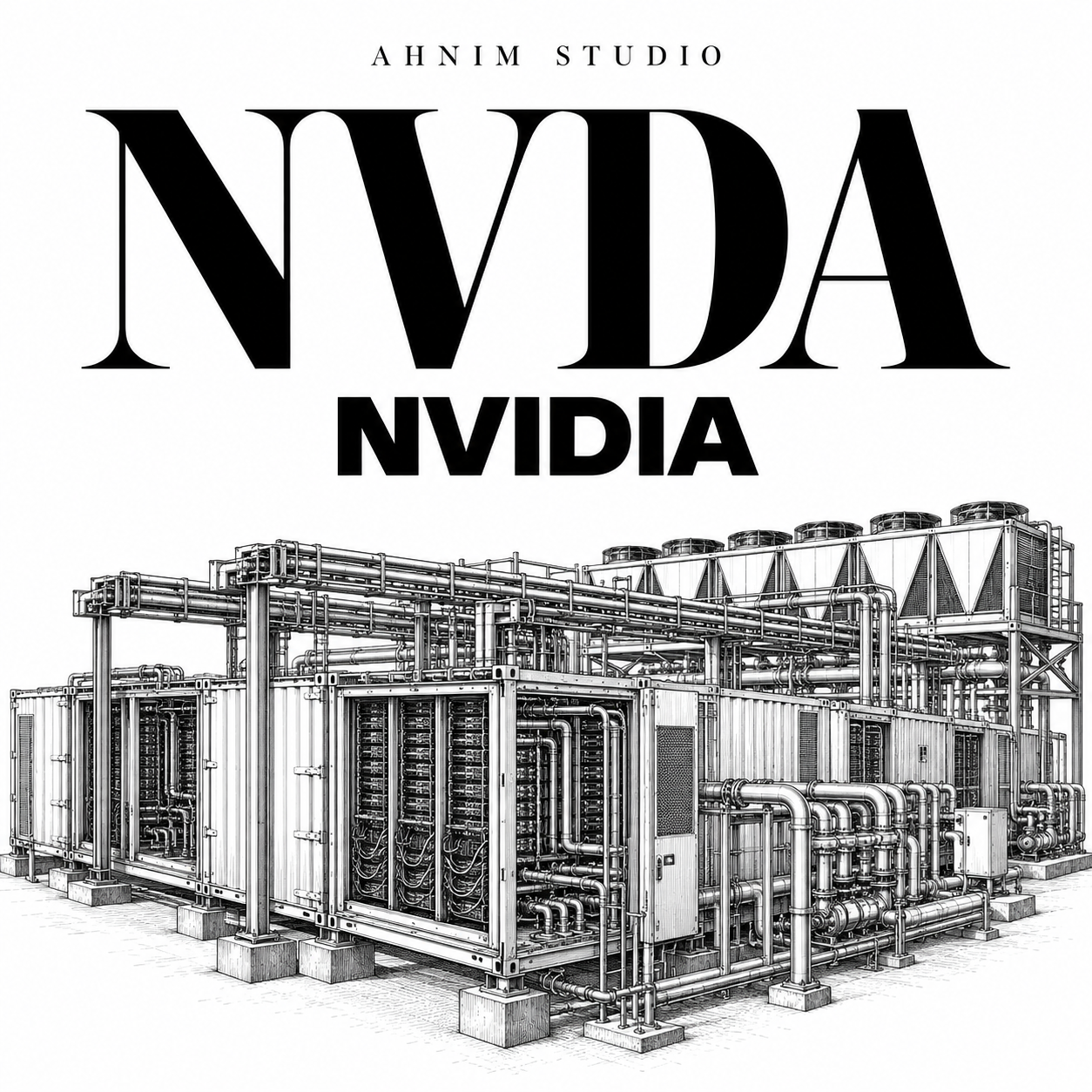 AI-generated black-and-white editorial engraving of modular AI data-center containers with rack, power and liquid-cooling infrastructure; not an actual DSX POD or Polar facility photograph.