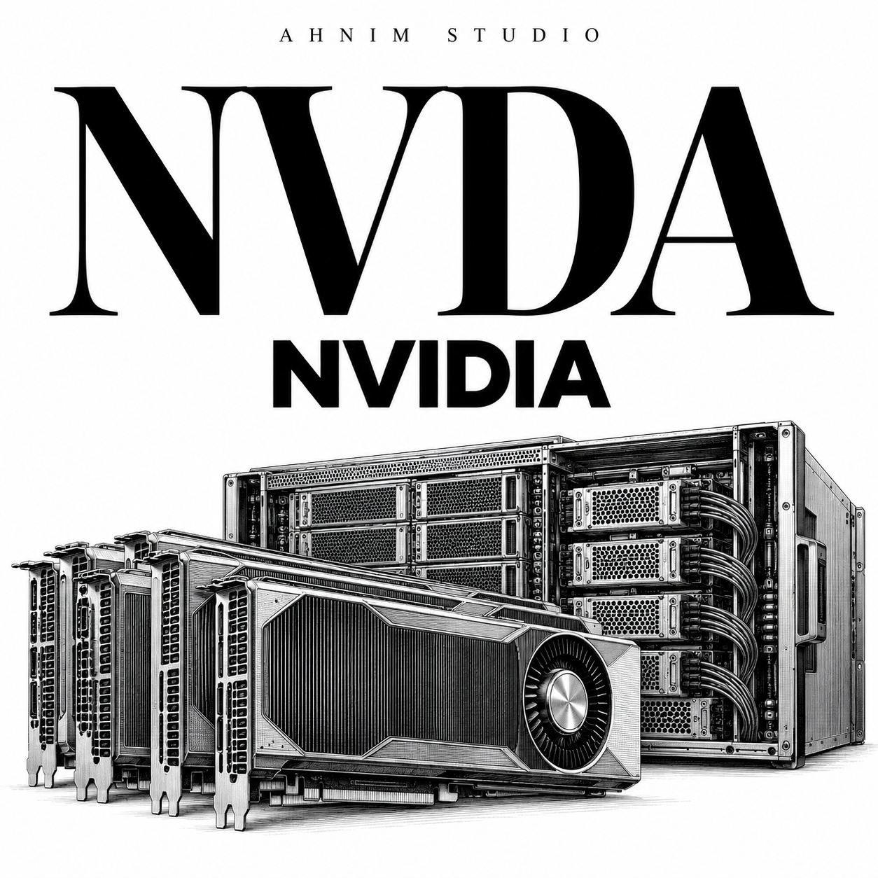 AI-generated editorial illustration of professional GPU expansion cards and a rack-mounted workstation in black-and-white engraving style; not an actual RTX PRO 5500 product photograph.