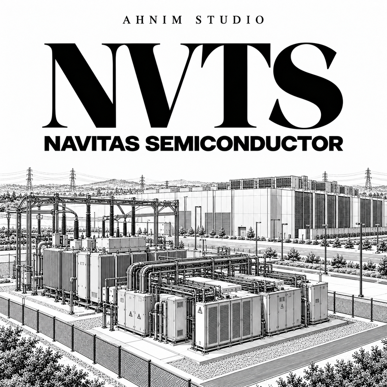 Conceptual black-and-white editorial illustration of grid and data-center power equipment for Navitas Semiconductor; not a photograph of an actual facility.