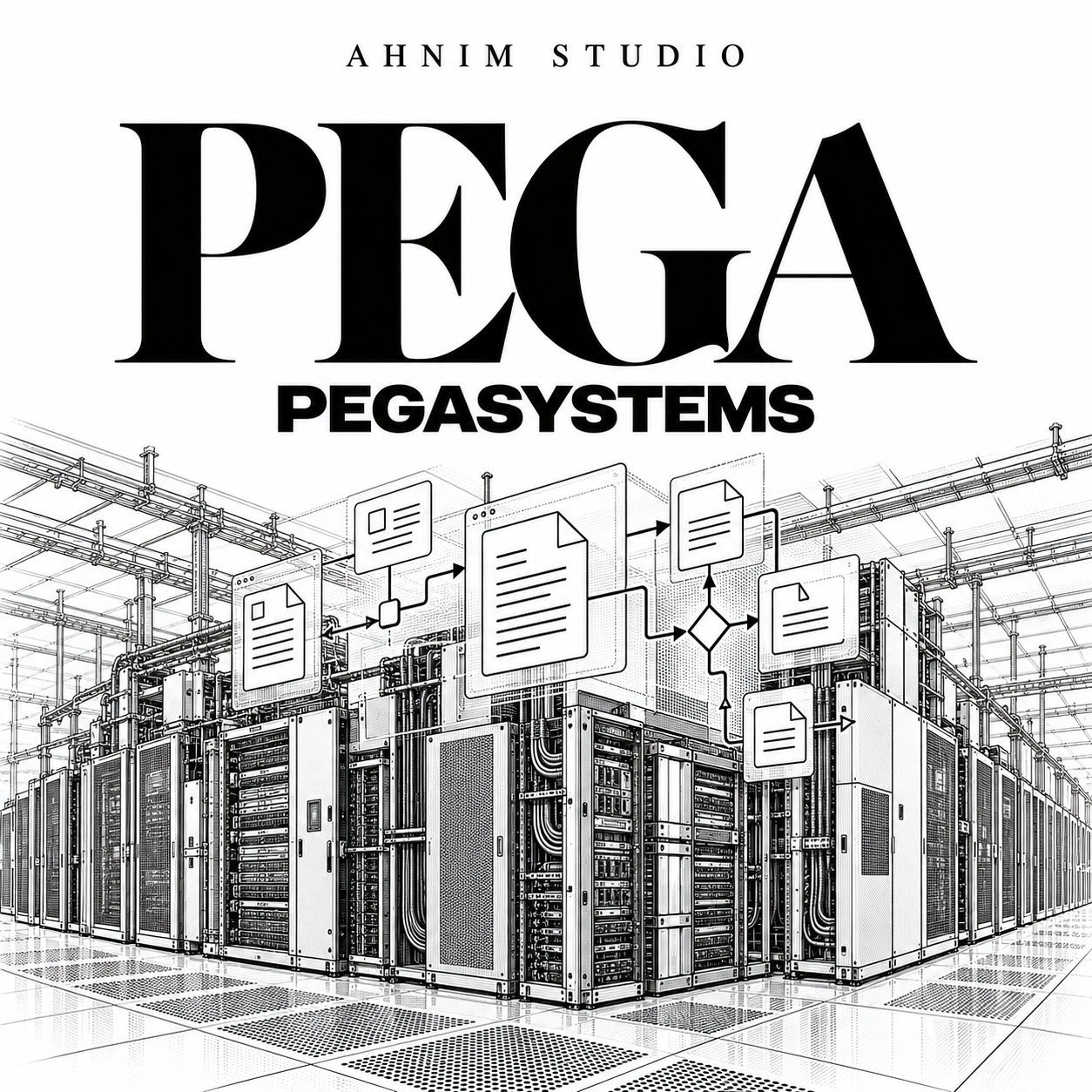 Conceptual black-and-white engraving of enterprise servers and software workflows, with AHNIM STUDIO, PEGA and PEGASYSTEMS typography.