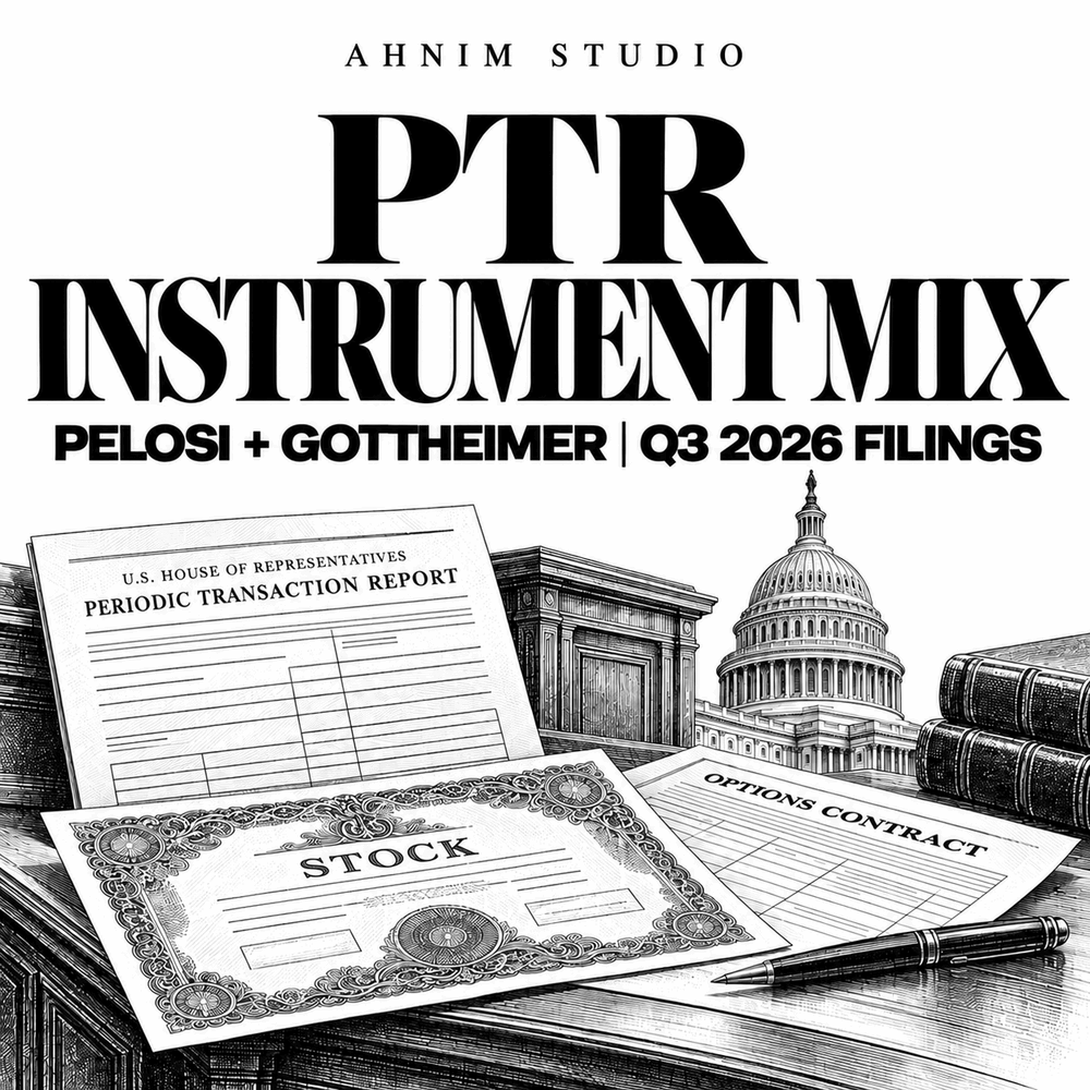 Black-and-white editorial illustration of House disclosure forms, stock and options documents for Pelosi and Gottheimer Q3 2026 PTR instrument-mix analysis.