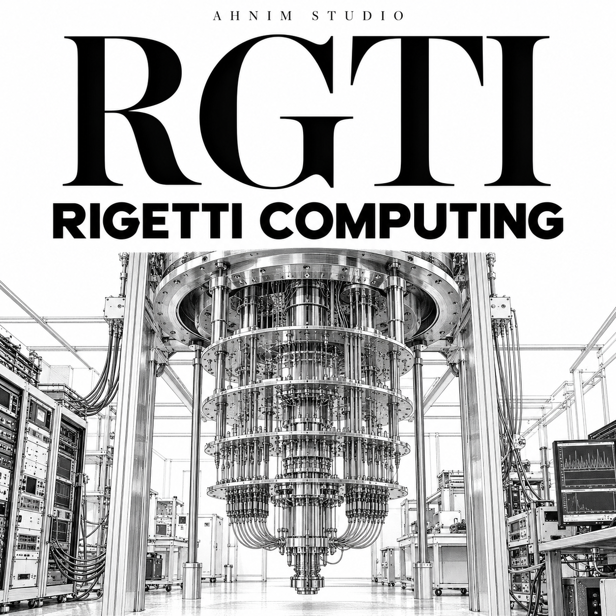 Editorial illustration of superconducting quantum-computing equipment, with AHNIM STUDIO, RGTI and Rigetti Computing typography; not a facility photograph.