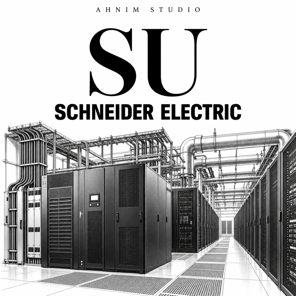 Conceptual black-and-white engraving of data-center power cabinets and cooling infrastructure, with SU and Schneider Electric typography; not a photograph.