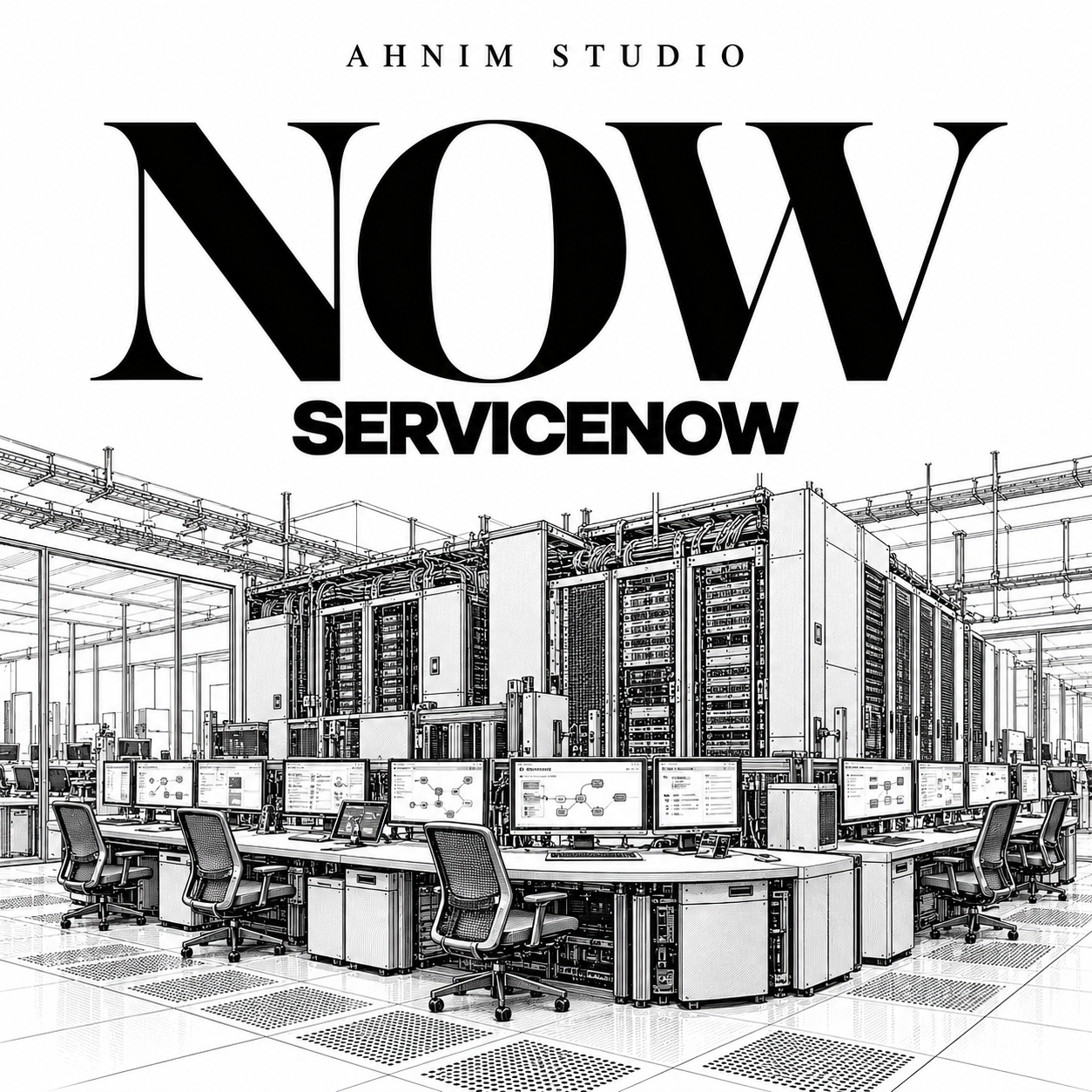 Editorial illustration of enterprise workflow consoles and server systems for ServiceNow analysis; not an actual facility photograph.