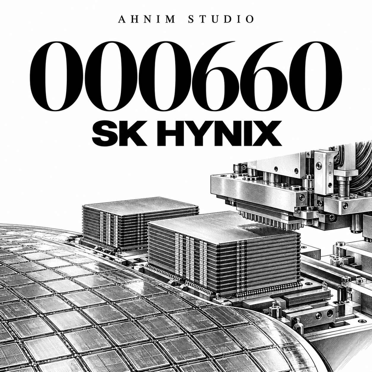 Conceptual black-and-white engraving of a silicon wafer, stacked memory packages and semiconductor packaging machinery beneath AHNIM STUDIO, 000660 and SK HYNIX typography; not a photograph or technical schematic of an actual facility.