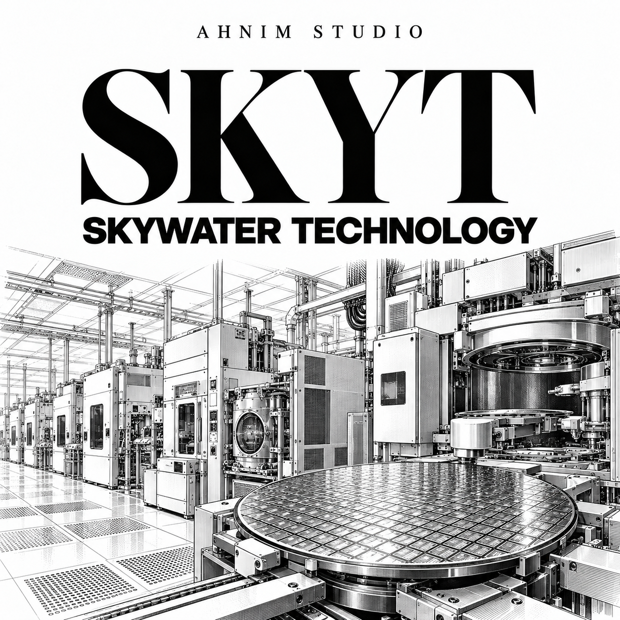AHNIM STUDIO cover for SkyWater Technology, with black typography and an engraved semiconductor manufacturing scene on white.