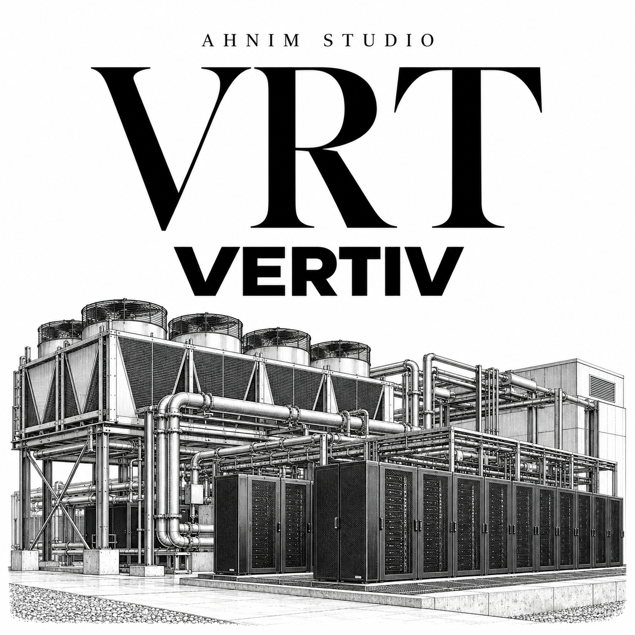 Editorial illustration of data-center cooling and power infrastructure in black-and-white engraving style; not an actual Vertiv facility photograph.