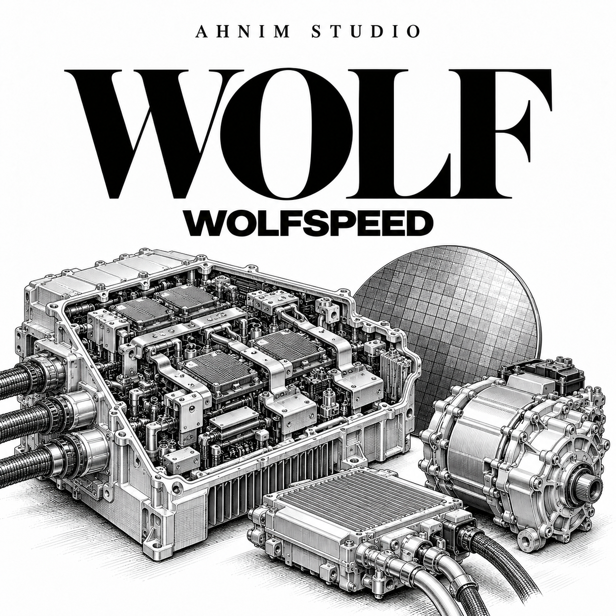 Editorial illustration of a silicon-carbide EV inverter and wafer beneath WOLF and WOLFSPEED typography